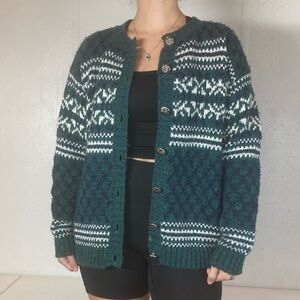 Vintage Knit Navy + Green + White Cardigan Grandma Sweater
